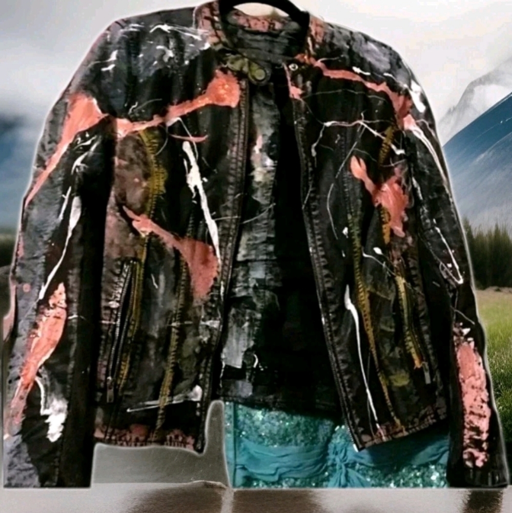 Painted Motor Jacket Abstract with cross, Red Skies at Night by AgaThaDawn, M